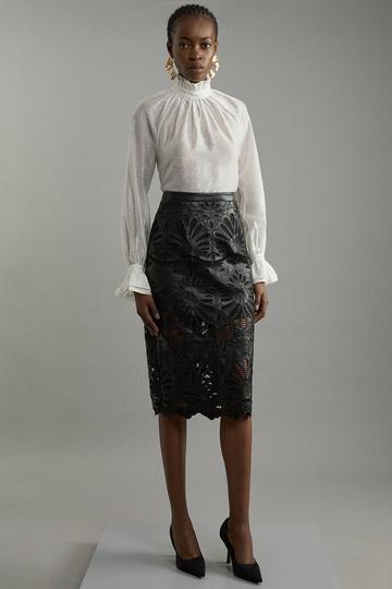 Black Petite Cutwork Pu Tailored Midi Skirt