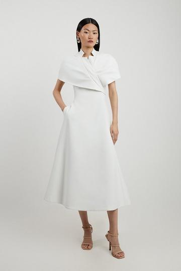 Petite Structured Crepe Cape Detail Full Skirted Tailored Midi Dress ivory