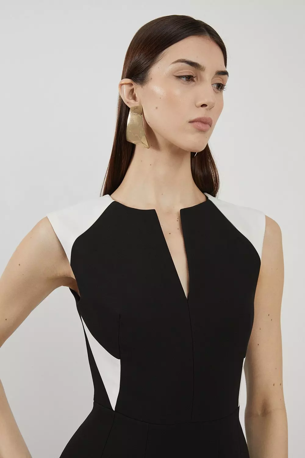 Petite Clean Tailored Color Block Full Skirted Midi Dress