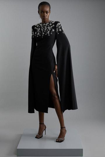 Compact Stretch Viscose Crystal Embellished Cape Maxi Dress black