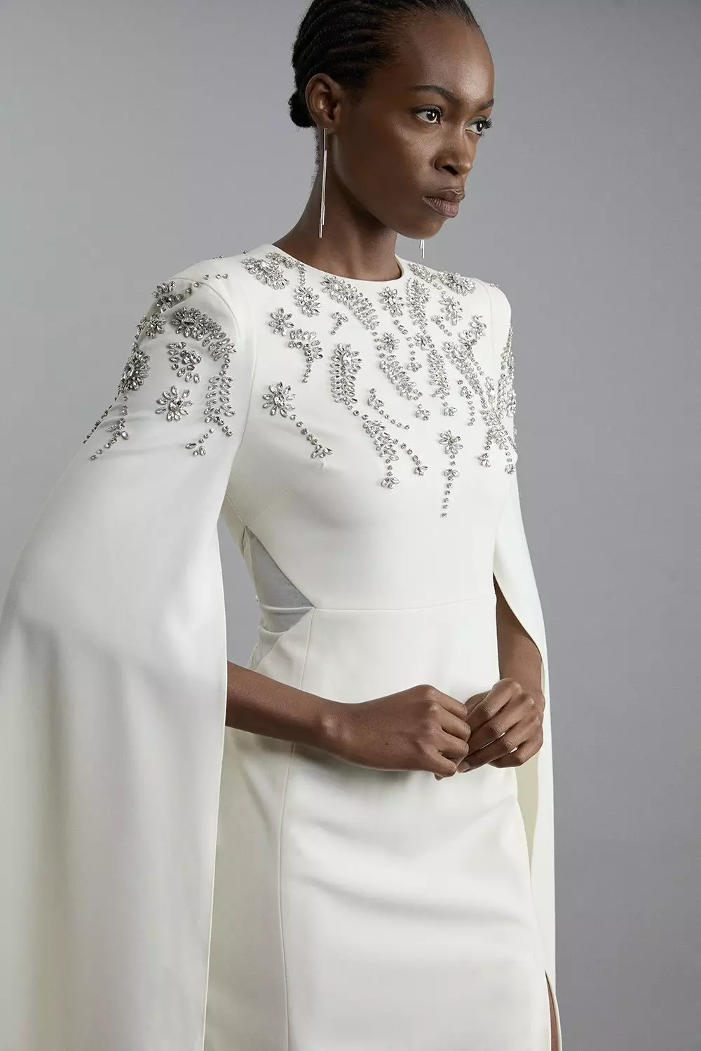 Compact Stretch Viscose Crystal Embellished Cape Maxi Dress