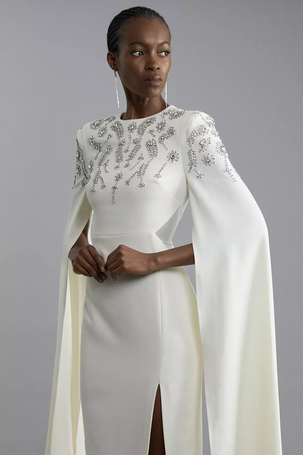 Compact Stretch Viscose Crystal Embellished Cape Maxi Dress