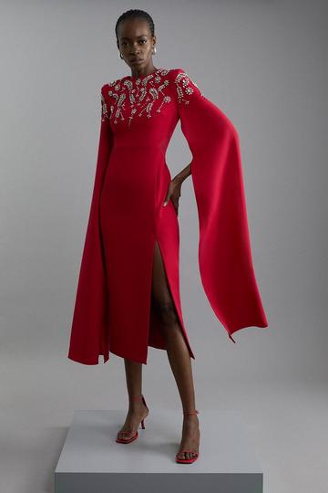 Red Compact Stretch Viscose Crystal Embellished Cape Maxi Dress