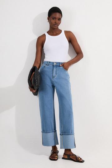 Denim Straight Leg Turn Up Hem Jeans light blue