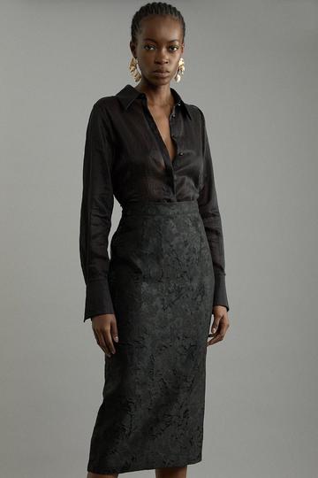 Black Tailored Sheer Jacquard Maxi Fitted Skirt