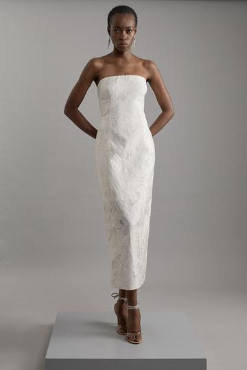 Tailored Sheer Jacquard Bandeau Fitted Midaxi Dress ivory