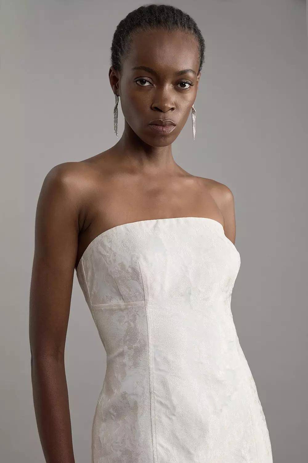 Tailored Sheer Jacquard Bandeau Fitted Midaxi Dress | Karen