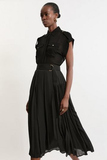 Tall Georgette Belted Pleat Woven Midi Skirt black