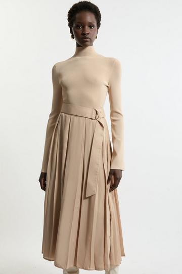 Petite Georgette Belted Pleat Woven Midi Skirt camel