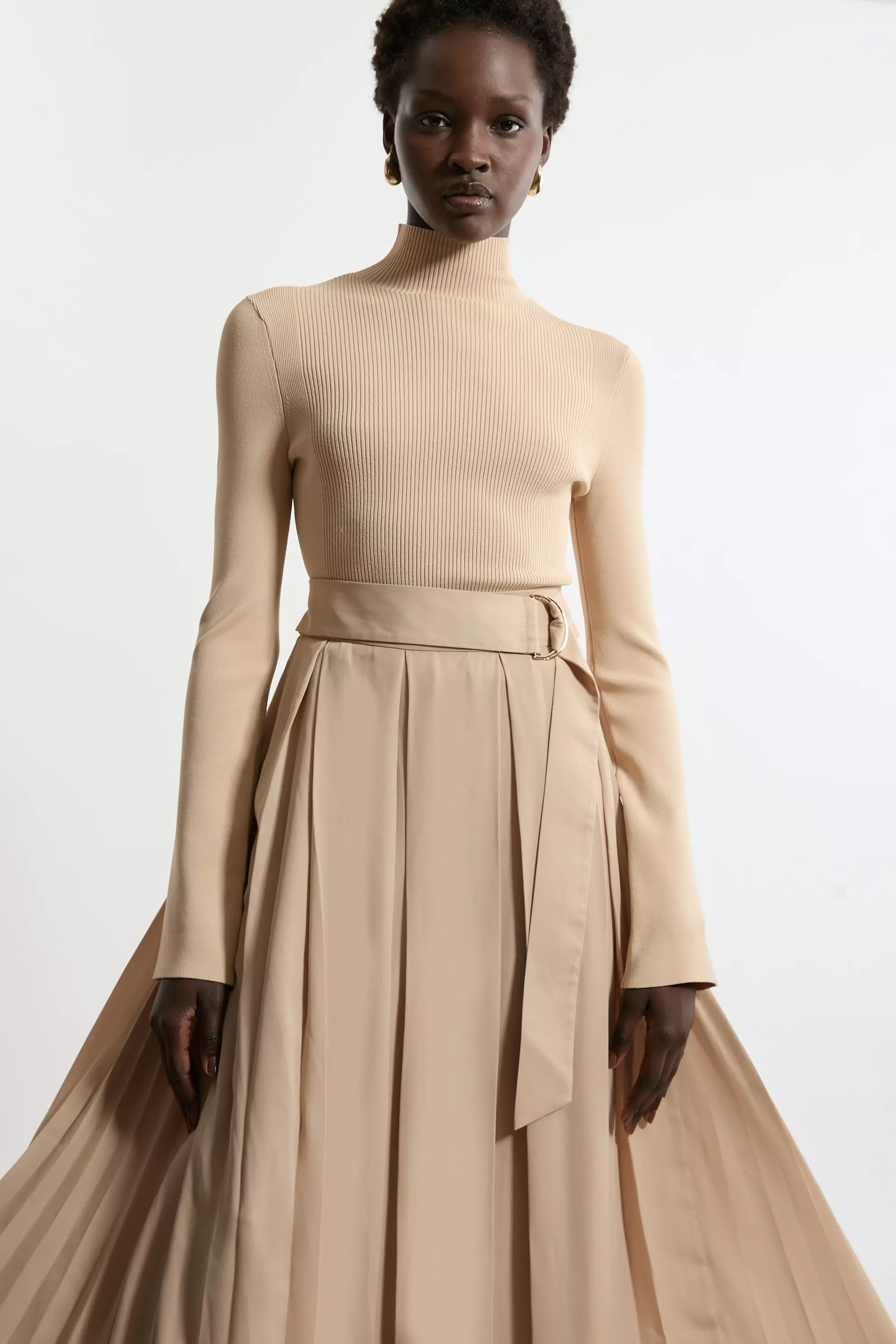 Petite Georgette Belted Pleat Woven Midi Skirt | Karen Millen