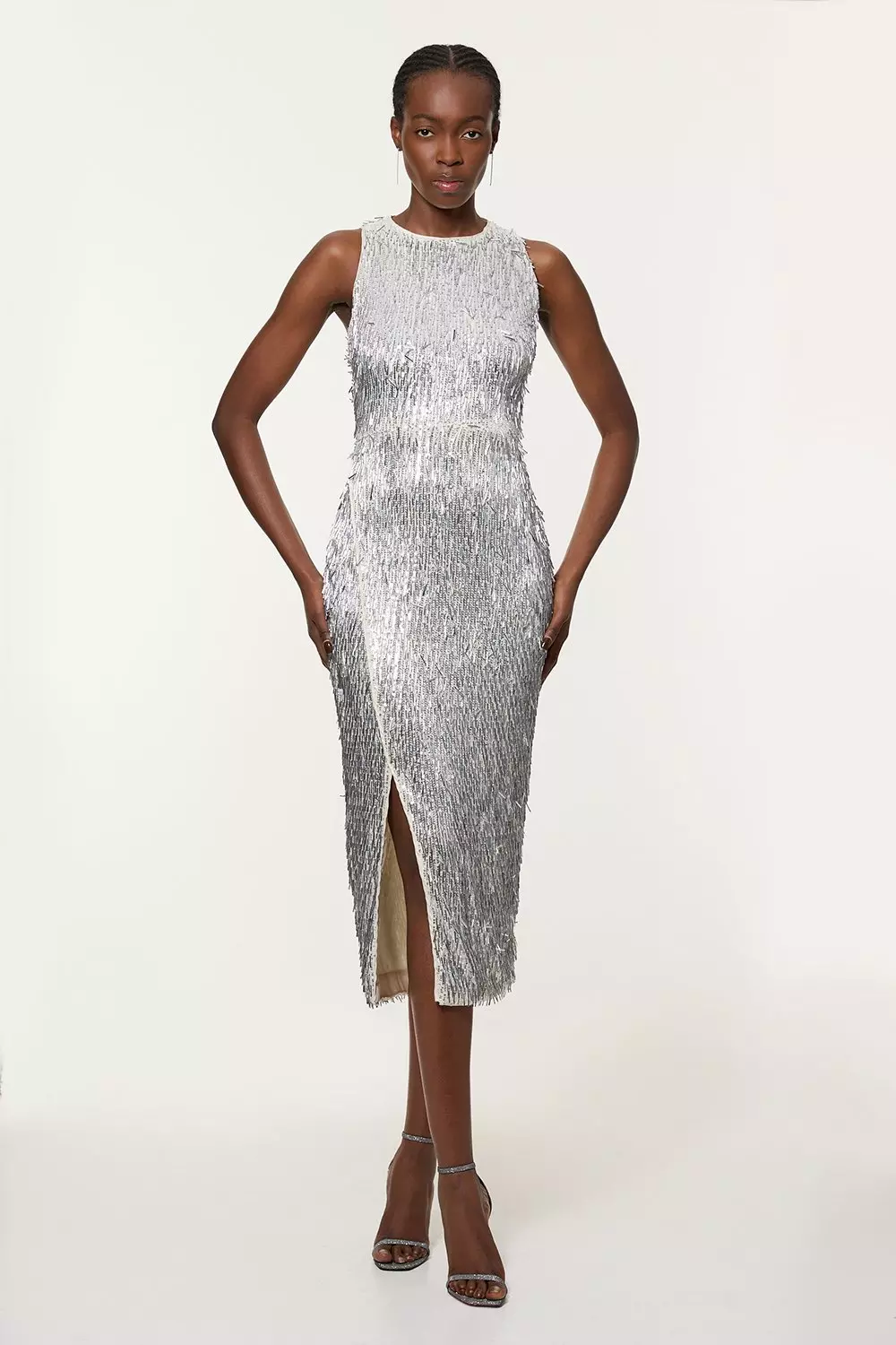 Silver midi dress with sleeves deals
