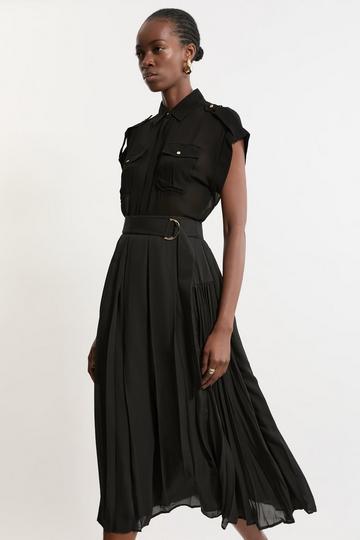 Black Georgette Belted Pleat Woven Midi Skirt