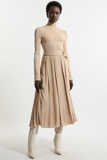 Georgette Belted Pleat Woven Midi Skirt camel