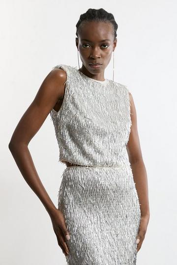 Silver Textured Strong Shoulder Sequin Woven Top