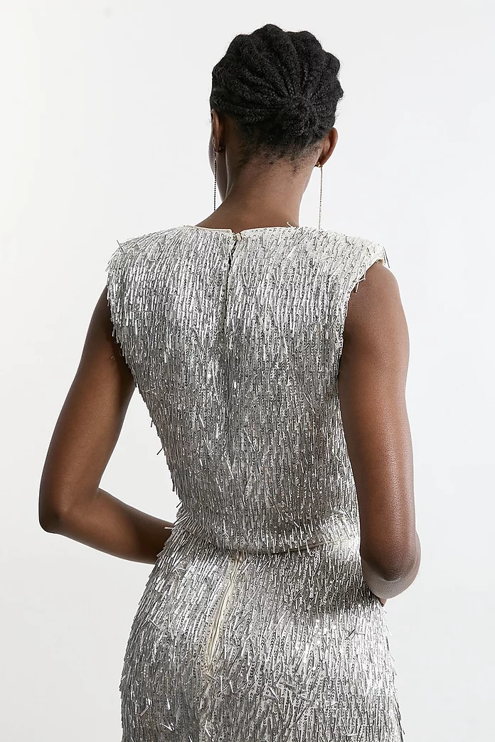 Textured Strong Shoulder Sequin Woven Top | Karen Millen Textured Strong Shoulder Sequin Woven Top | Karen Millen