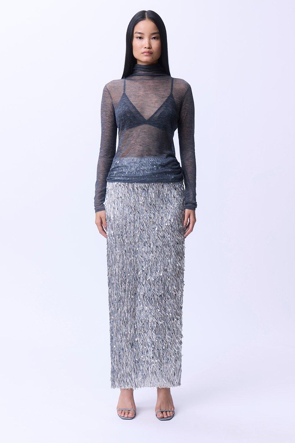 Silver Textured Sequin Woven Midaxi Skirt