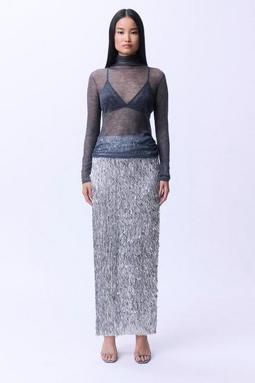 Silver Textured Sequin Woven Maxi Skirt