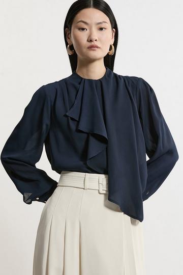 Georgette Draped Front High Neck Woven Blouse navy