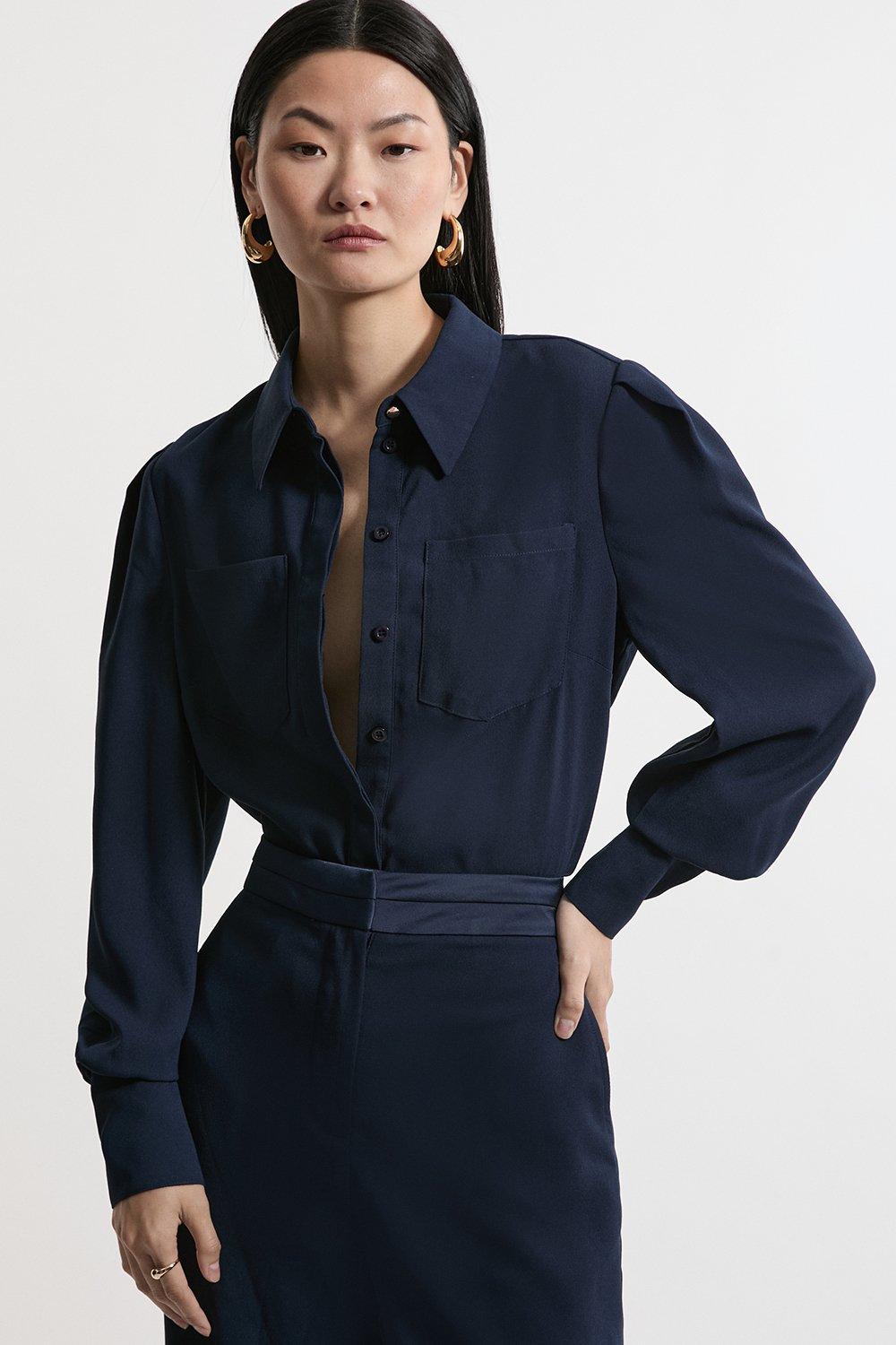 Navy Satin Back Crepe Woven Blouse