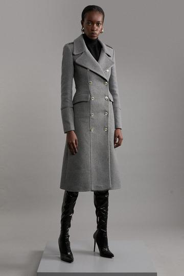 Grey Italian Wool Mix Double Breasted Military Midi Coat