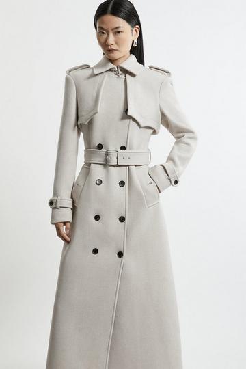 Italian Wool Tailored Belted Trench Maxi Coat oatmeal