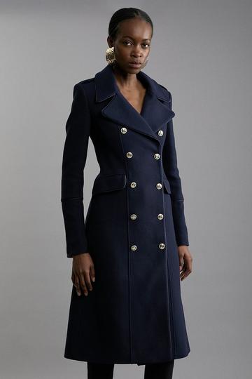 Navy Italian Wool Double Breasted Military Midi Coat