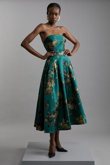 Green Floral Print Woven Midi Skirt