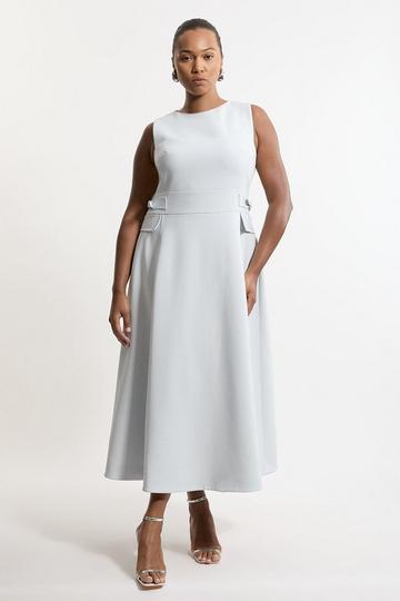 Plus Size Compact Stretch Tab Waist Detail Full Skirt Midi Dress pale blue