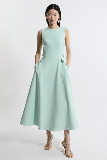 Petite Compact Stretch Tab Waist Detail Full Skirt Midi Dress sage