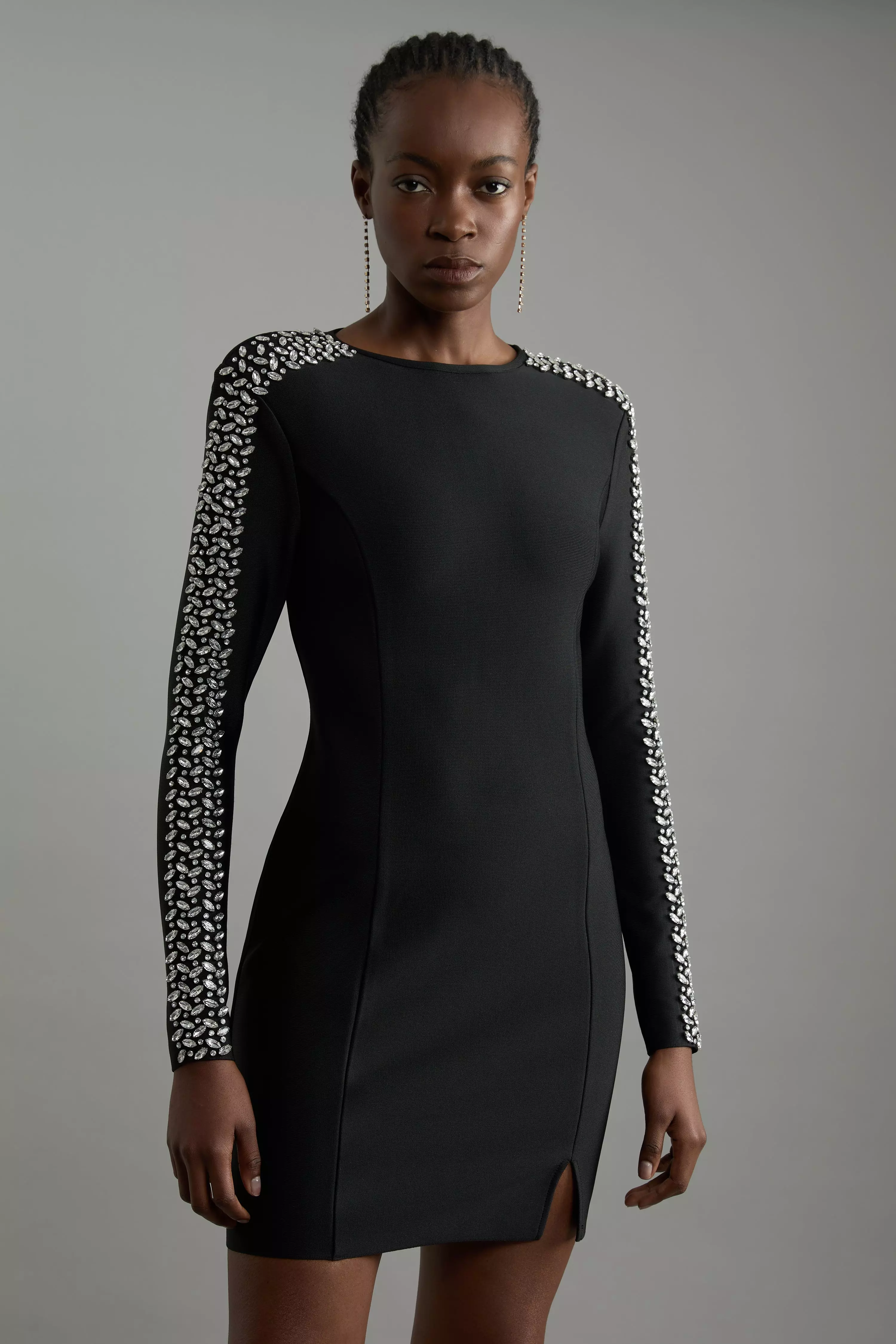 Karen Millen Womens Figure Form Bandage Knit Embellished Mini Dress Black Size M
