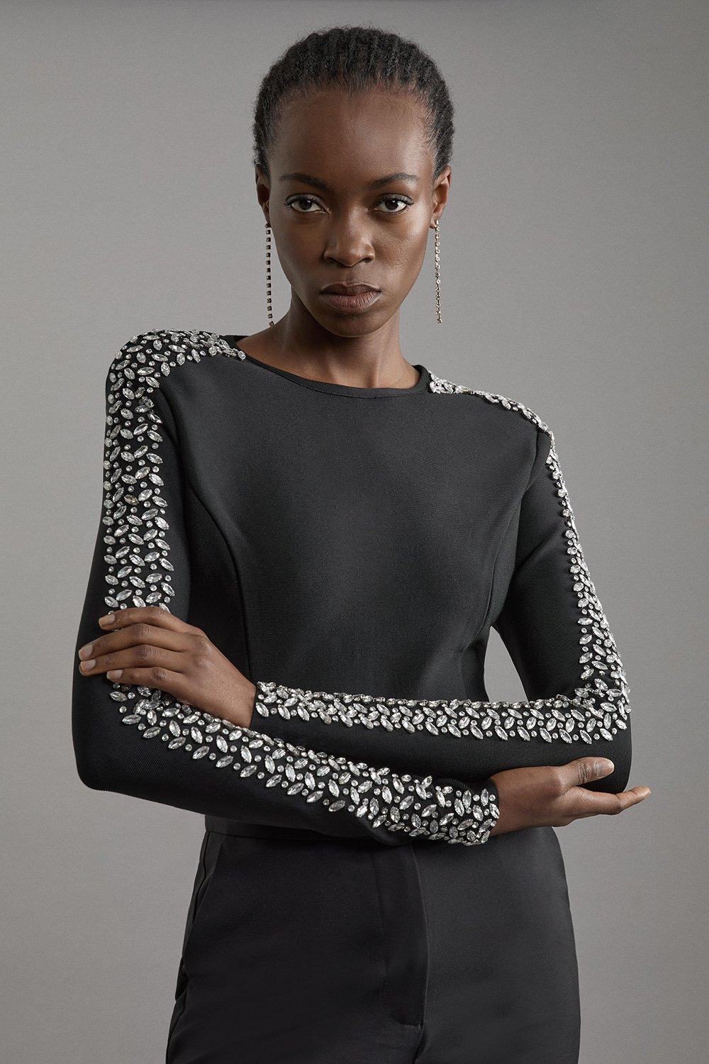 Figure Form Bandage Knit Embellished Top | Karen Millen