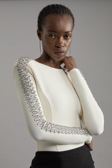 Cream White Figure Form Bandage Knit Embellished Top