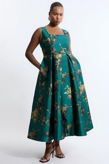 Plus Size Floral Print Woven Midaxi Dress green