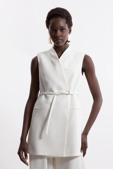 Structured Crepe Tailored Collarless Belted Sleeveless Blazer ivory