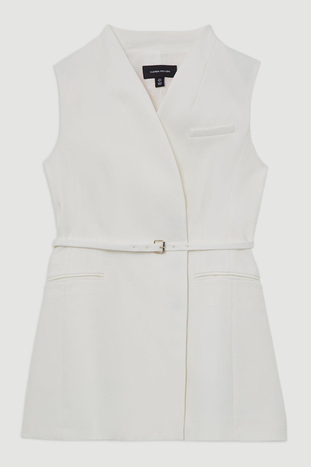Structured Crepe Tailored Collarless Belted Sleeveless