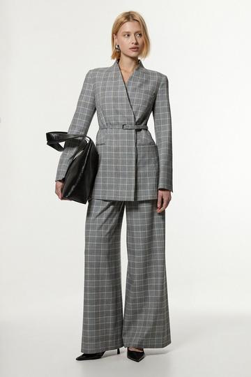 Grey Grey Check Tailored Wide Leg Trousers