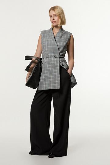 Grey Check Tailored Collarless Belted Sleeveless Blazer grey