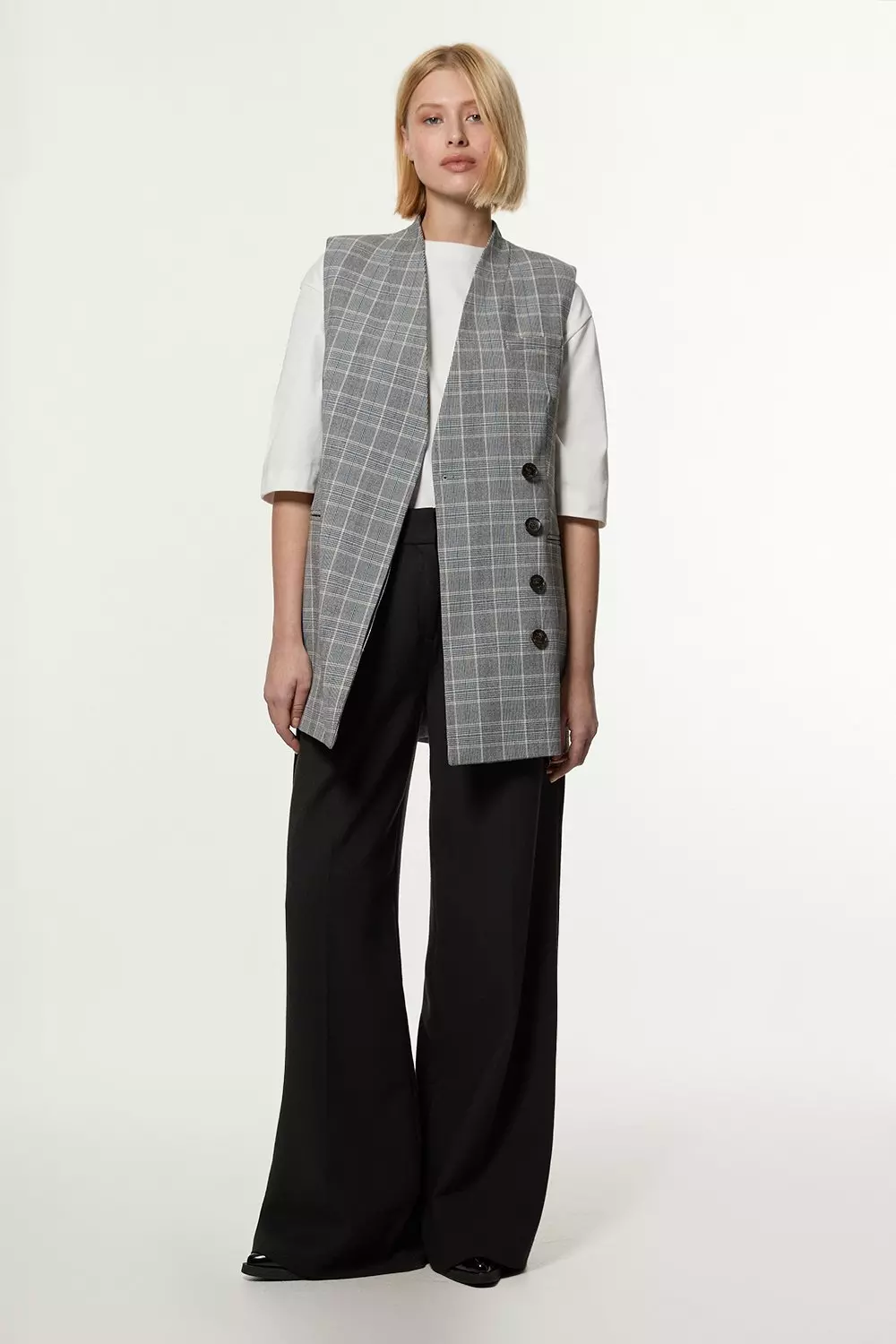 Grey Check Tailored Collarless Belted Sleeveless Blazer