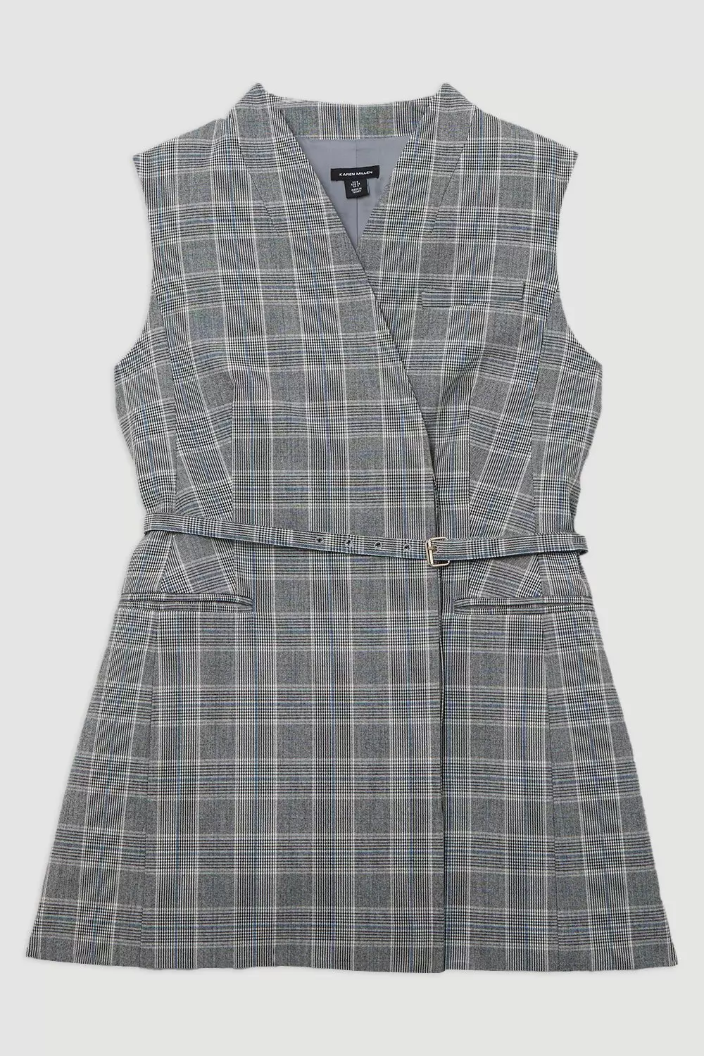 Grey Check Tailored Collarless Belted Sleeveless Blazer
