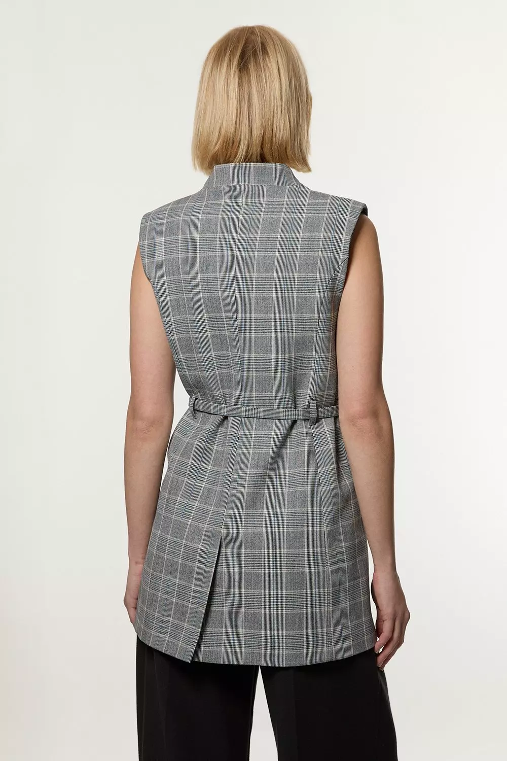 【KAREN MILLEN】グレーチェックカラーレスベルトブレザー Grey Check Tailored Collarless Belted Sleeveless Blazer
