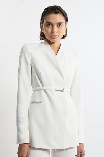 Structured Crepe Tailored Collarless Belted Blazer ivory