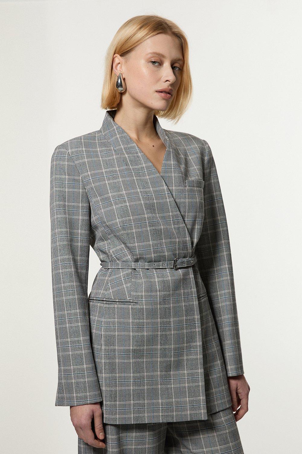 Grey Check Tailored Collarless Belted Blazer 