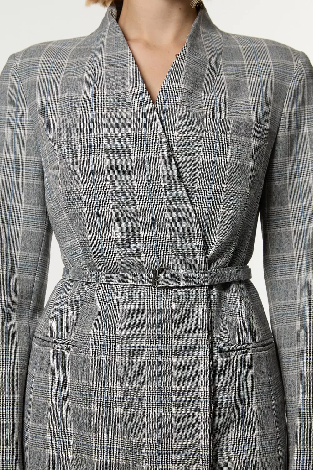 Grey Check Tailored Collarless Belted Blazer | Karen Millen