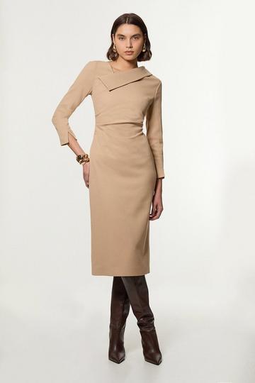 Structured Crepe Tailored Asymmetrical Collared Fitted Maxi Dress camel