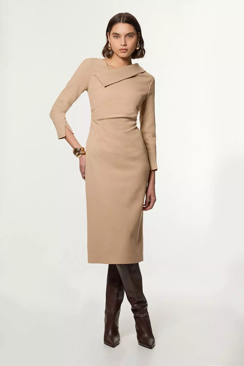 KAREN MILLEN Structured Crepe good Asymmetric Tuck Detail Midi Dress