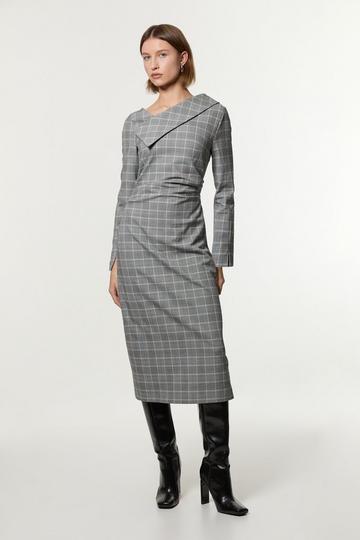 Grey Check Tailored Asymmetrical Collared Fitted Maxi Dress grey