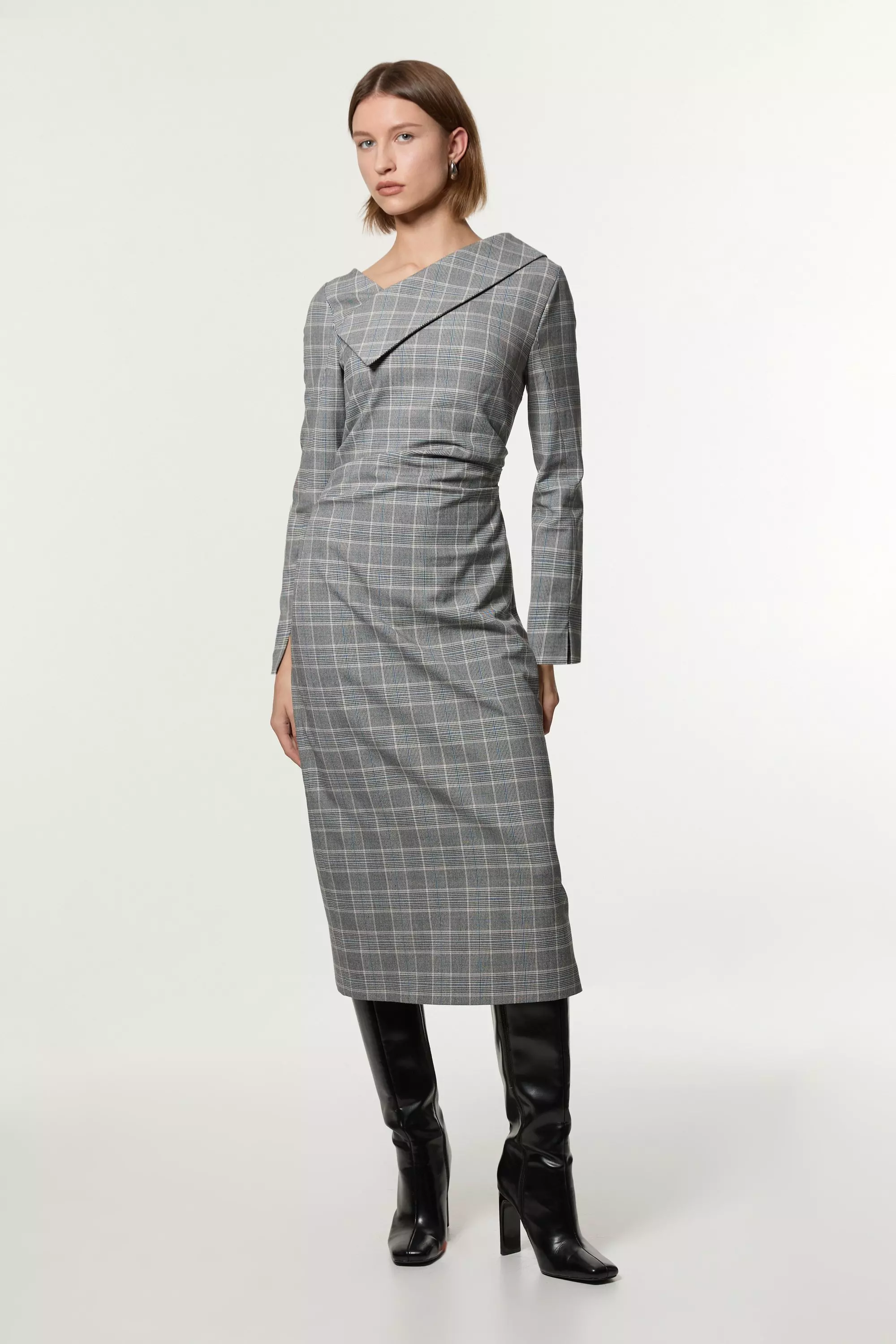 Karen Millen Womens Grey Check Tailored Asymmetrical Collared Fitted Maxi Dress Grey Size 8