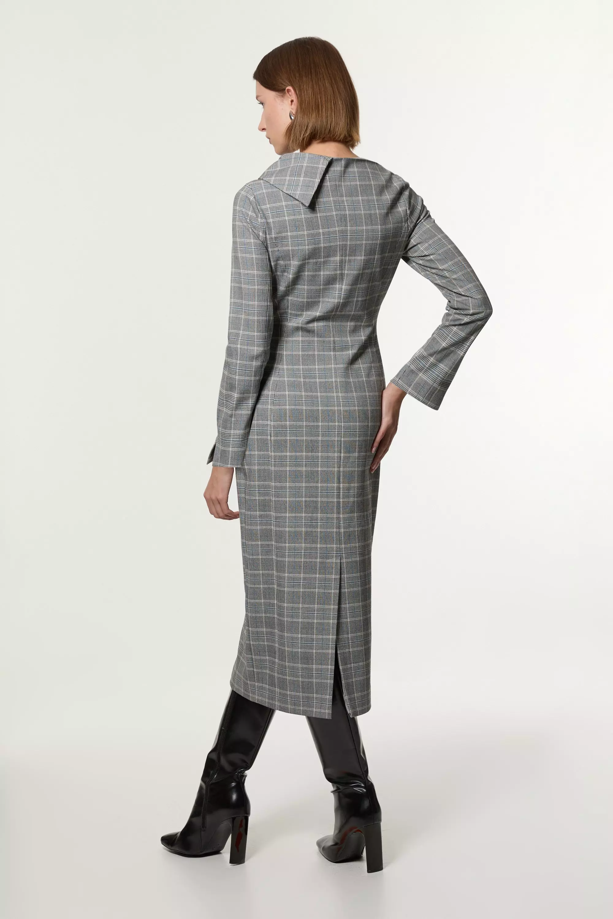 Grey Check Tailored Asymmetrical Collared Fitted Maxi Dress Karen Millen