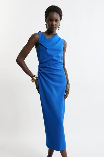 Structured Crepe Full Skirted Tailored Asymmetrical Maxi Dress cobalt