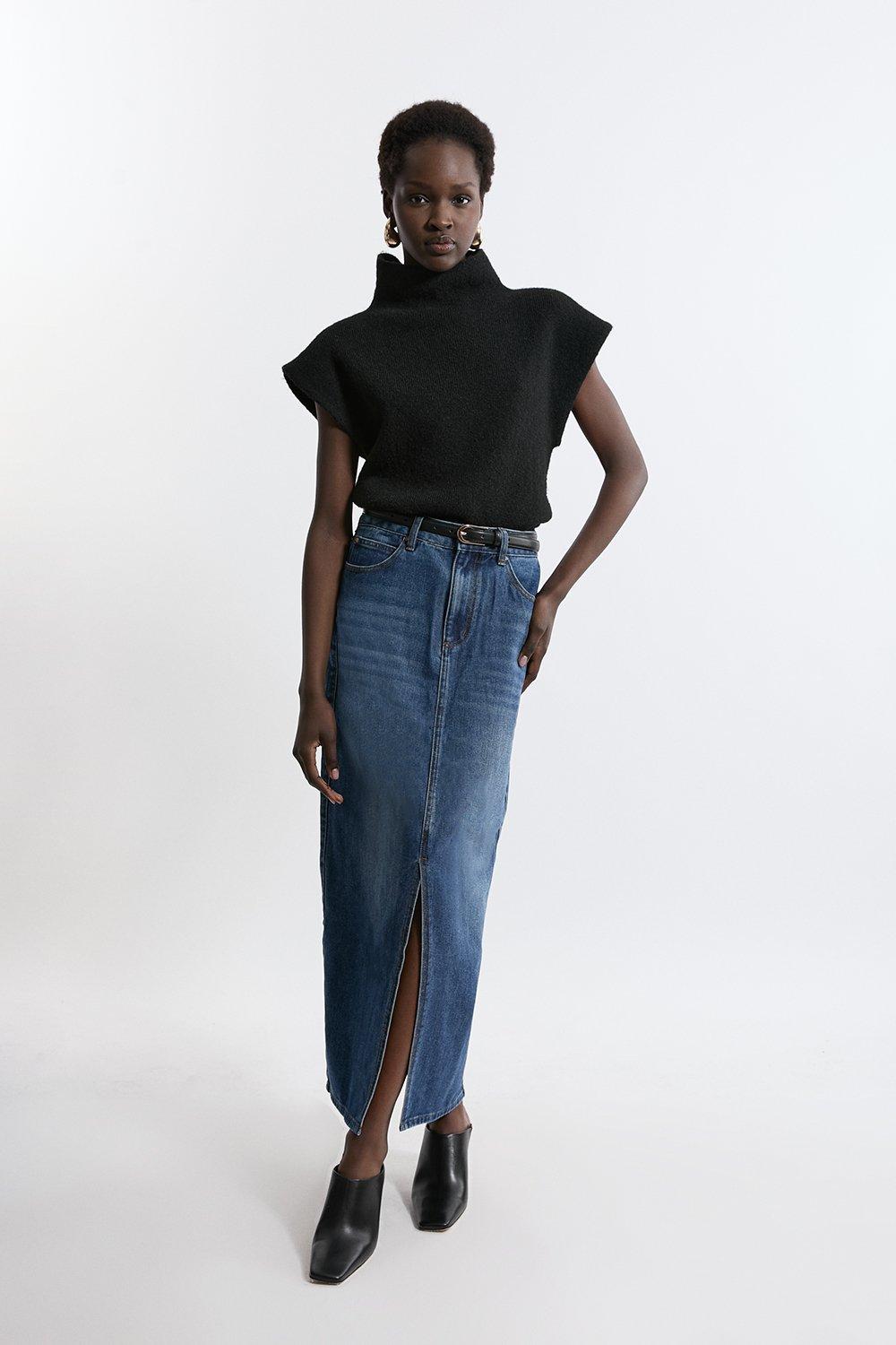 Washed Denim Tailored Maxi Skirt 